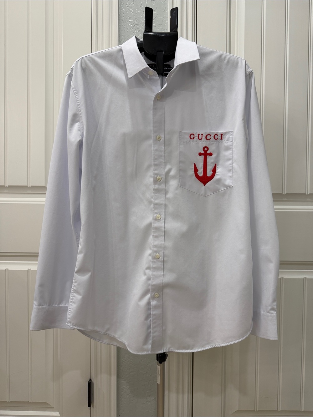 Gucci White Cotton Shirt with Red Anchor Pocket Logo